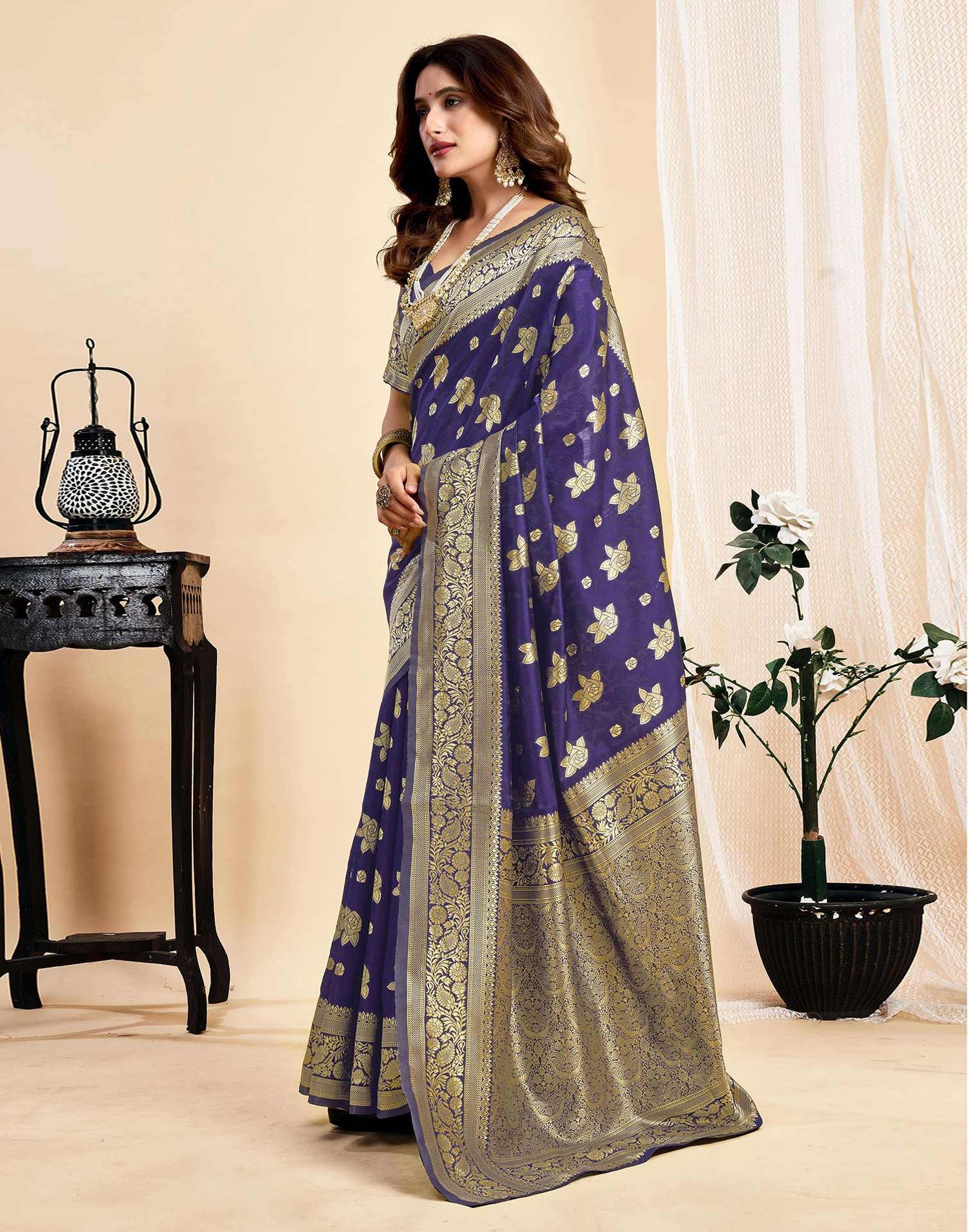 Navy Blue Silk Woven Saree