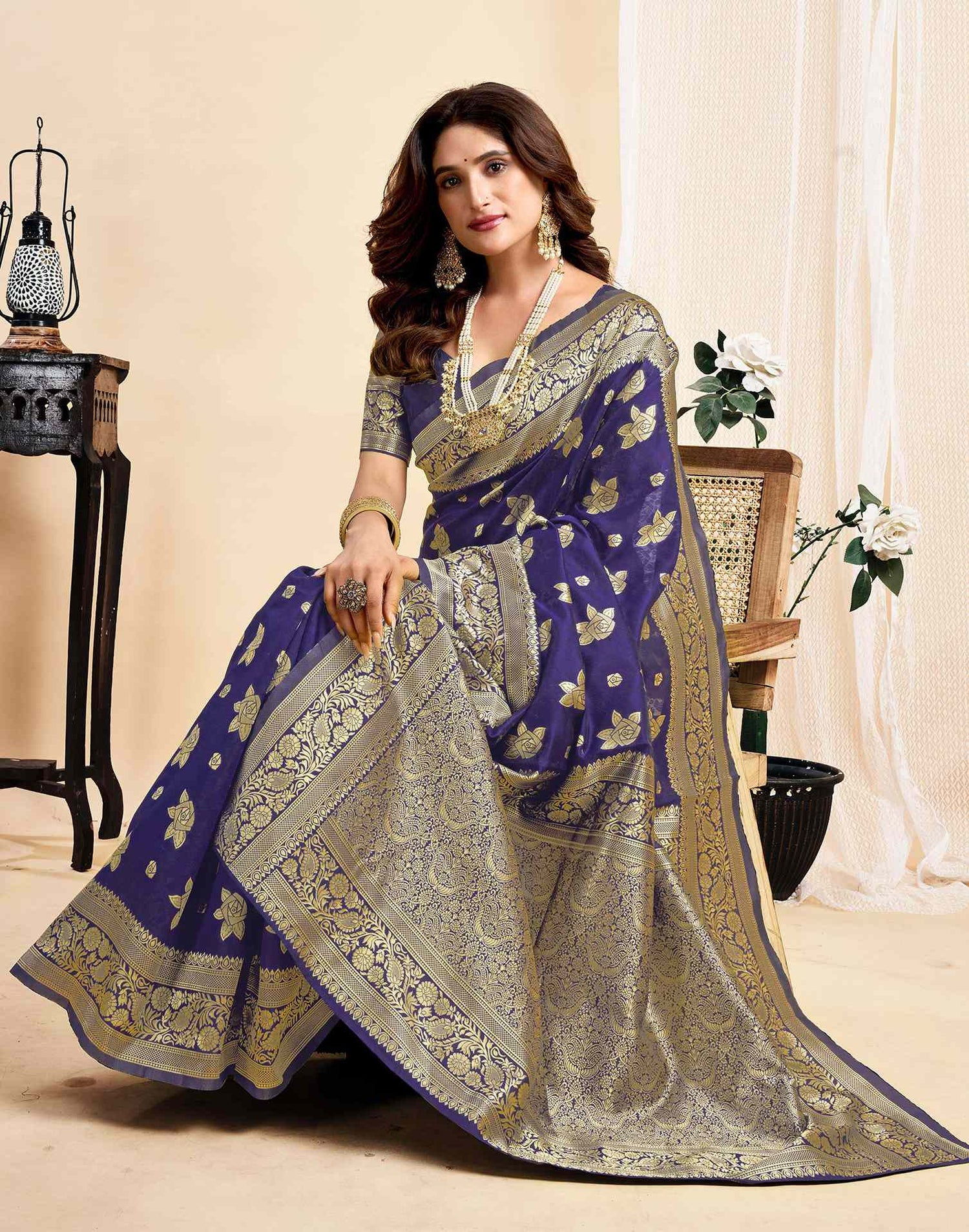 Navy Blue Silk Woven Saree