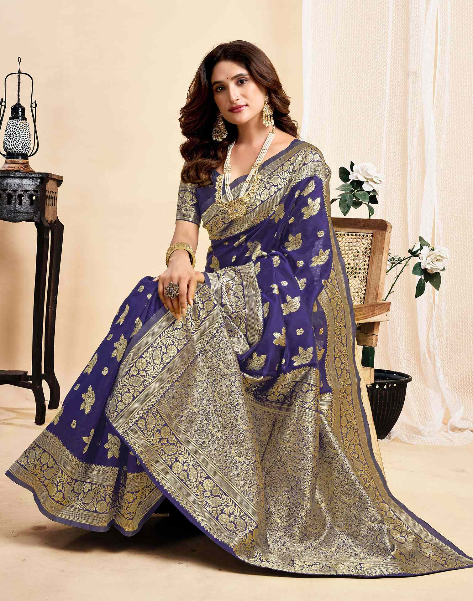Navy Blue Silk Woven Saree