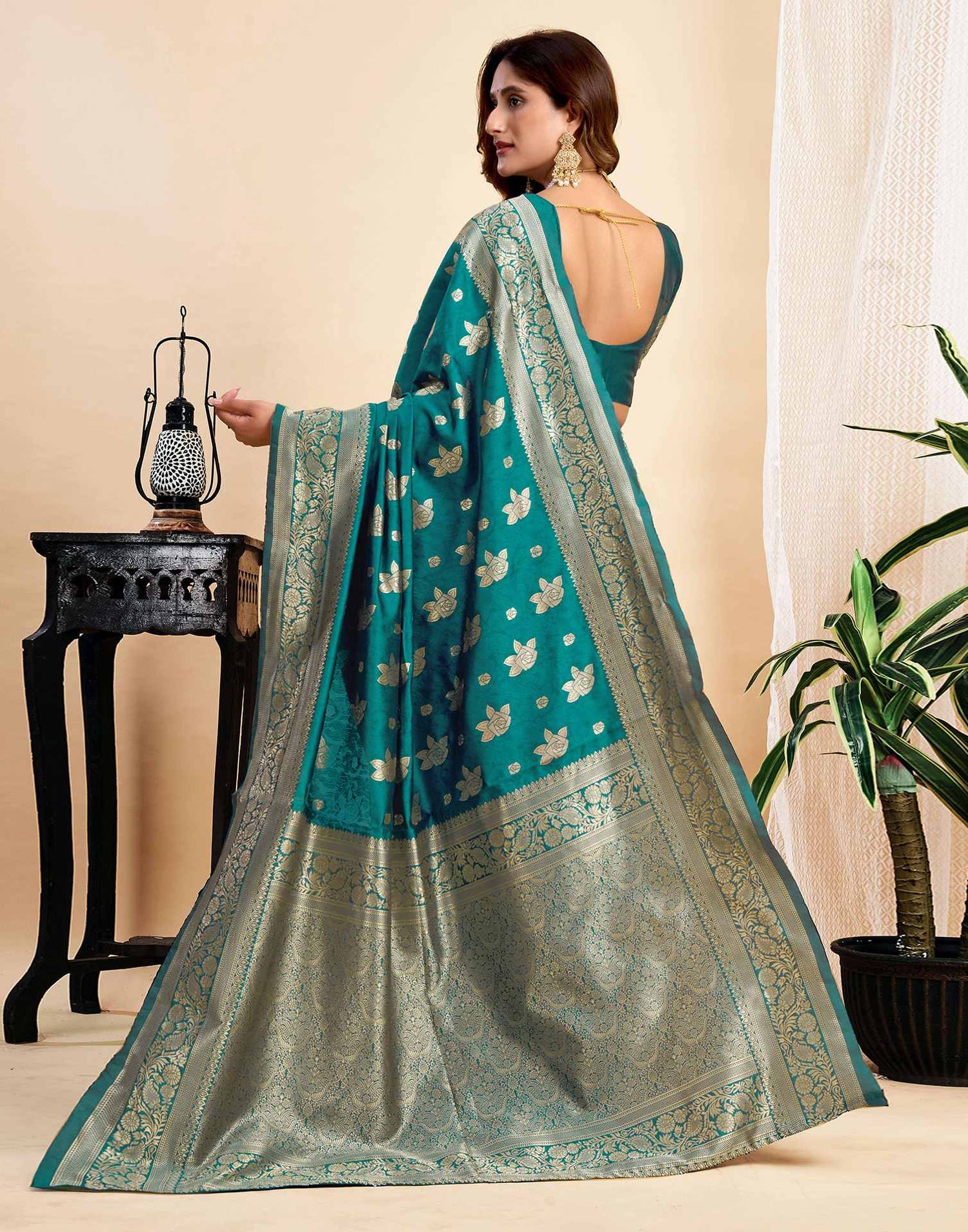 Teal Green Silk Woven Saree