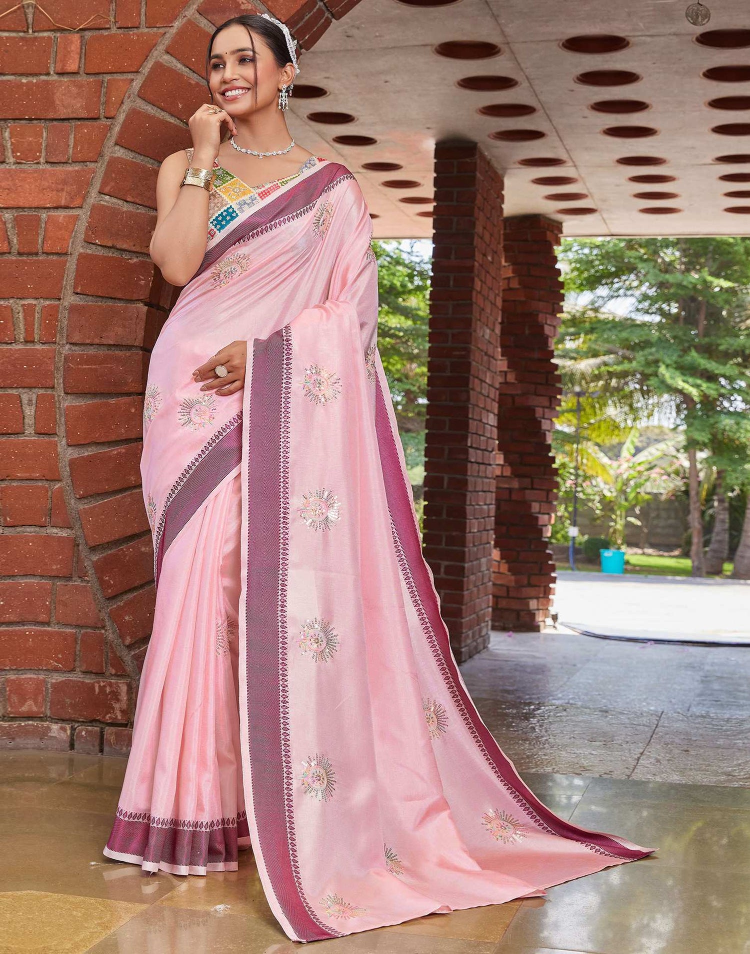 Light Pink Silk Embroidery Saree