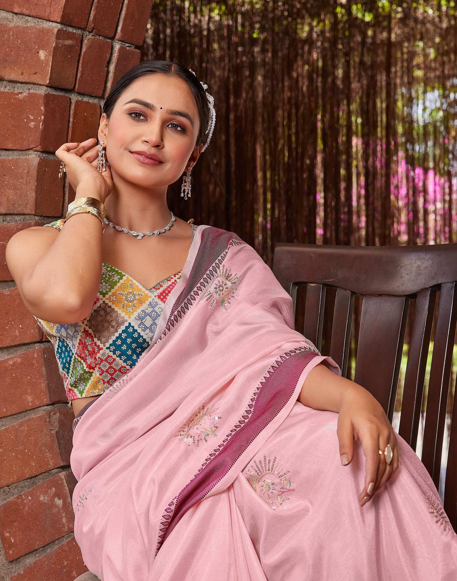 Light Pink Silk Embroidery Saree