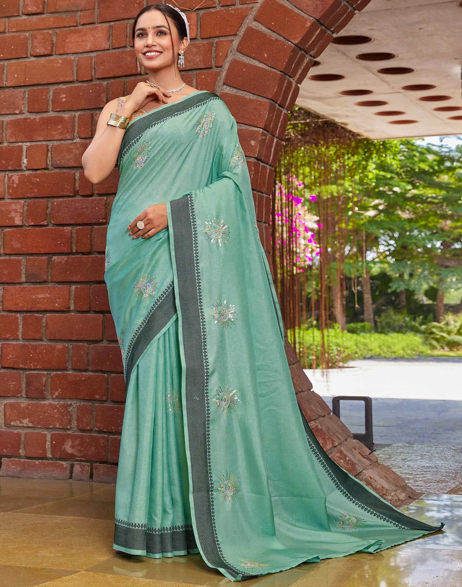 Teal Green Silk Embroidery Saree