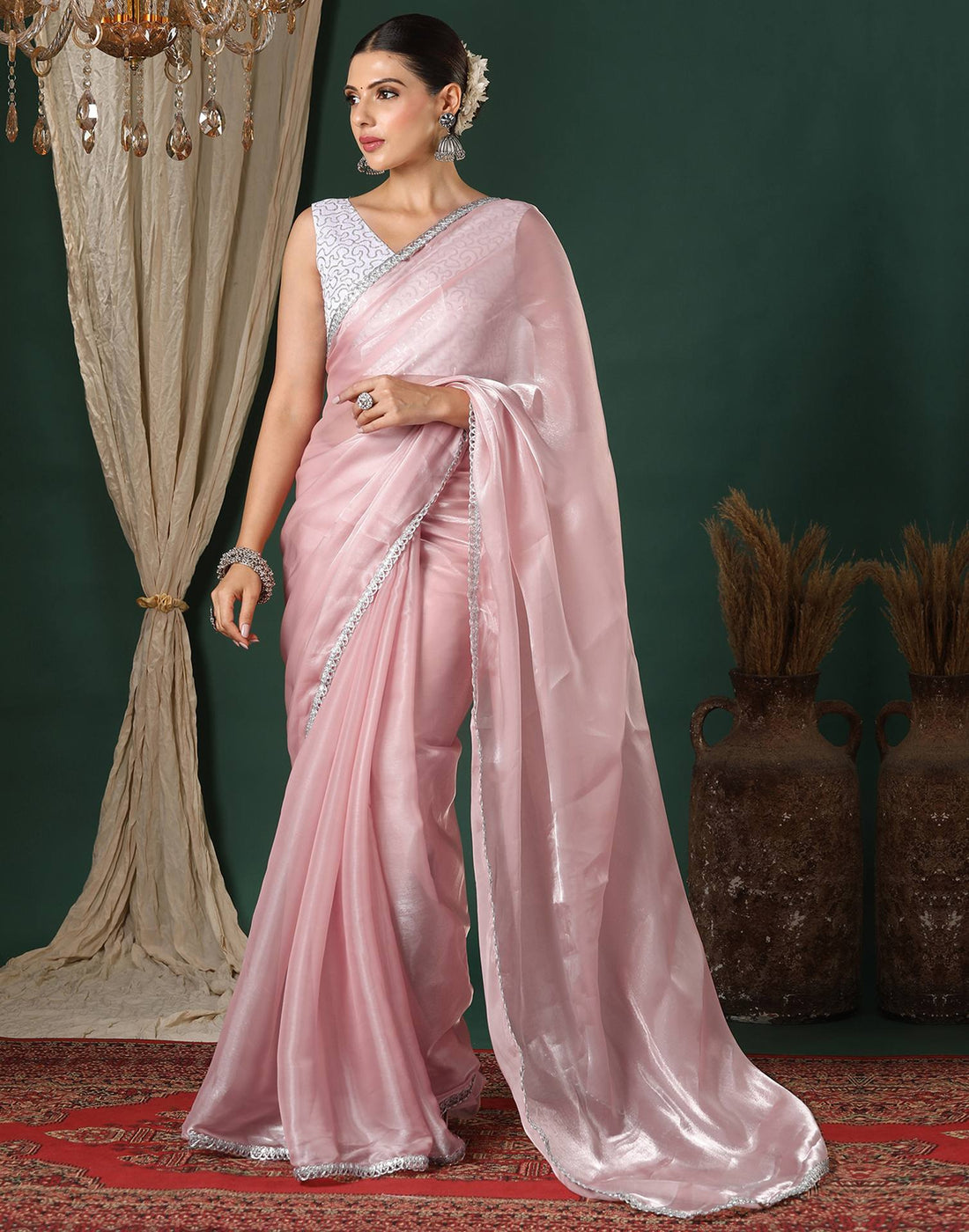 Light Pink Tissue Silk Lace Plain Saree