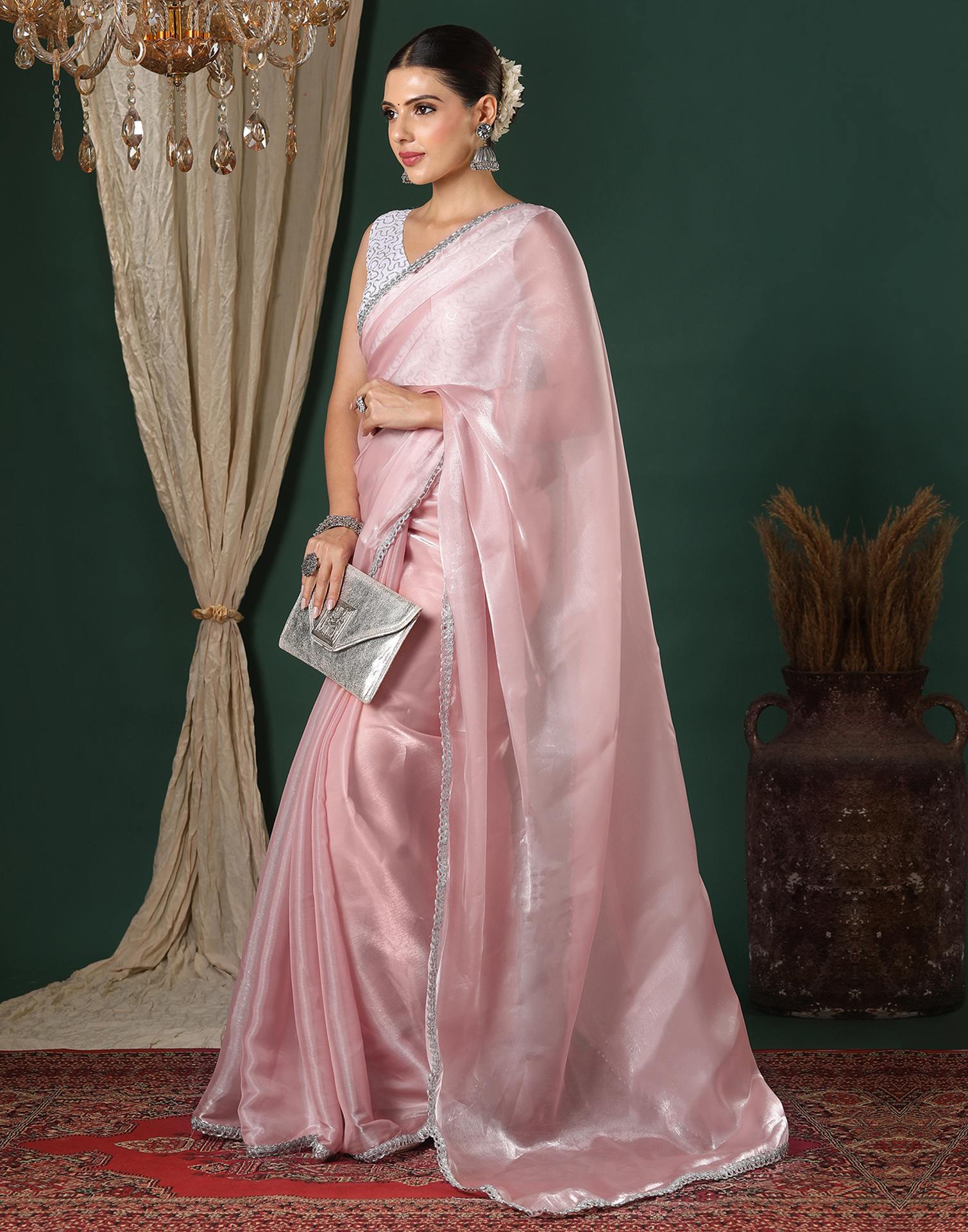 Light Pink Tissue Silk Lace Plain Saree