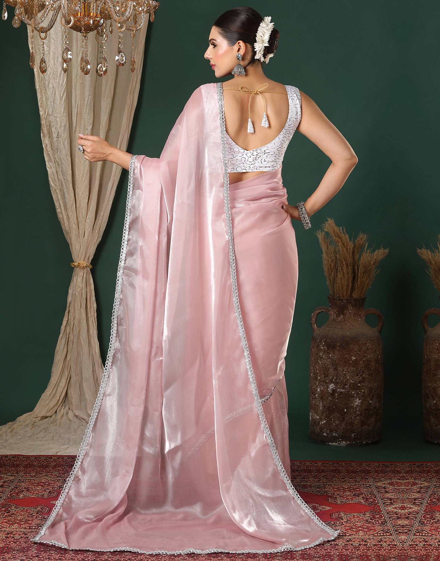 Light Pink Tissue Silk Lace Plain Saree
