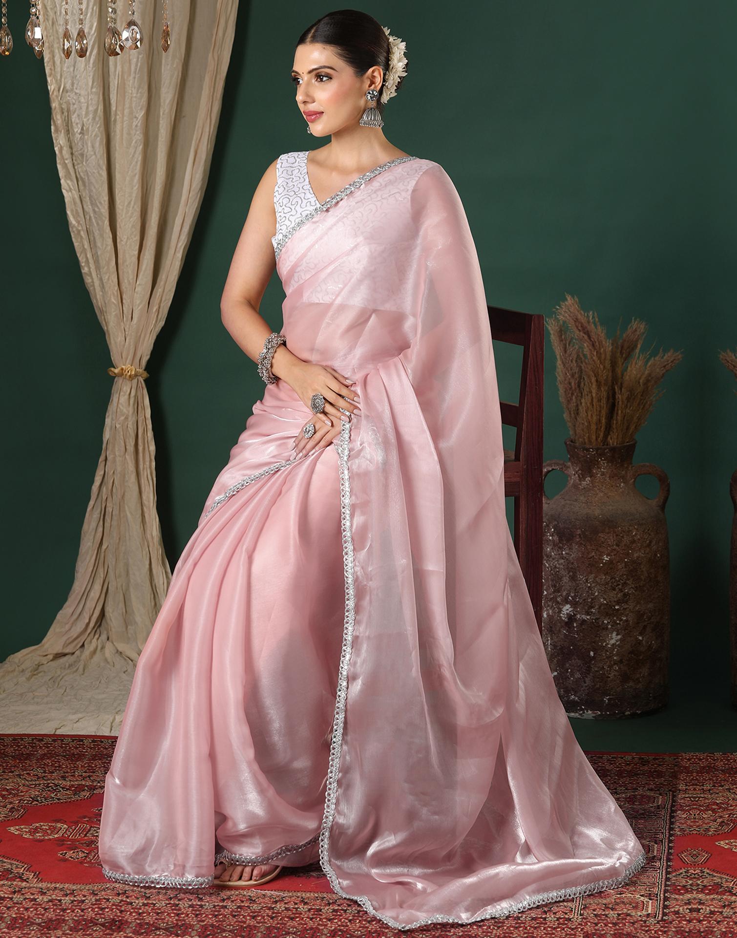 Light Pink Tissue Silk Lace Plain Saree