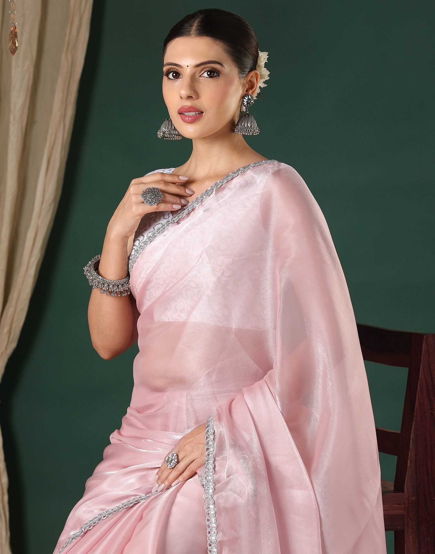 Light Pink Tissue Silk Lace Plain Saree