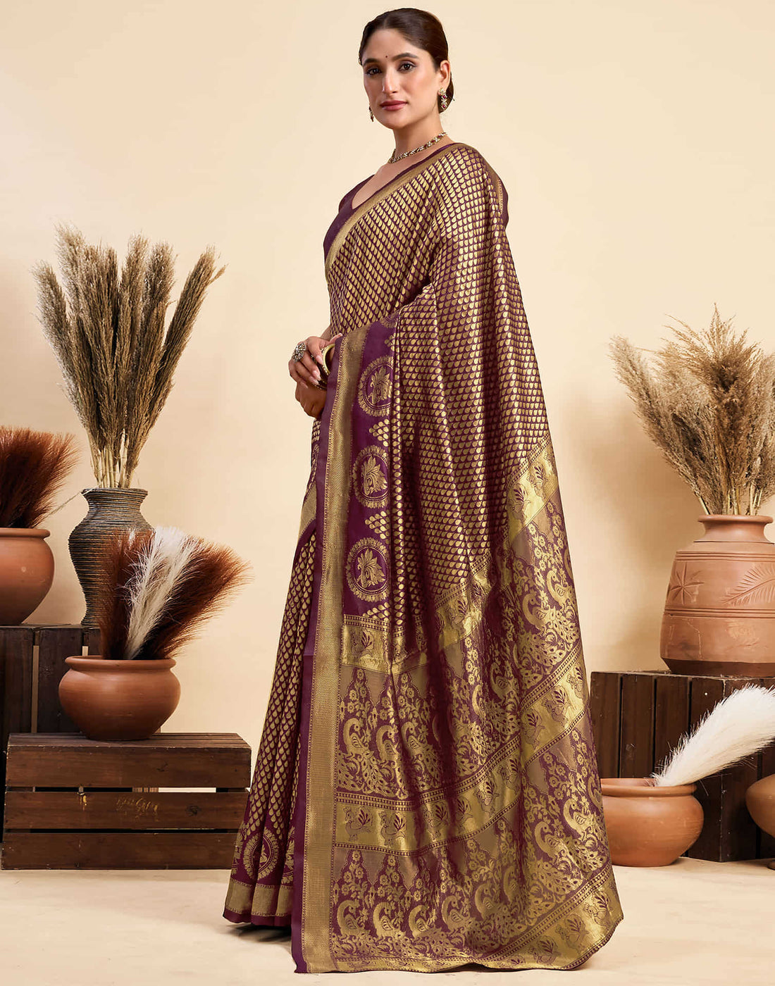 Wine Silk Woven Kanjivaram Saree