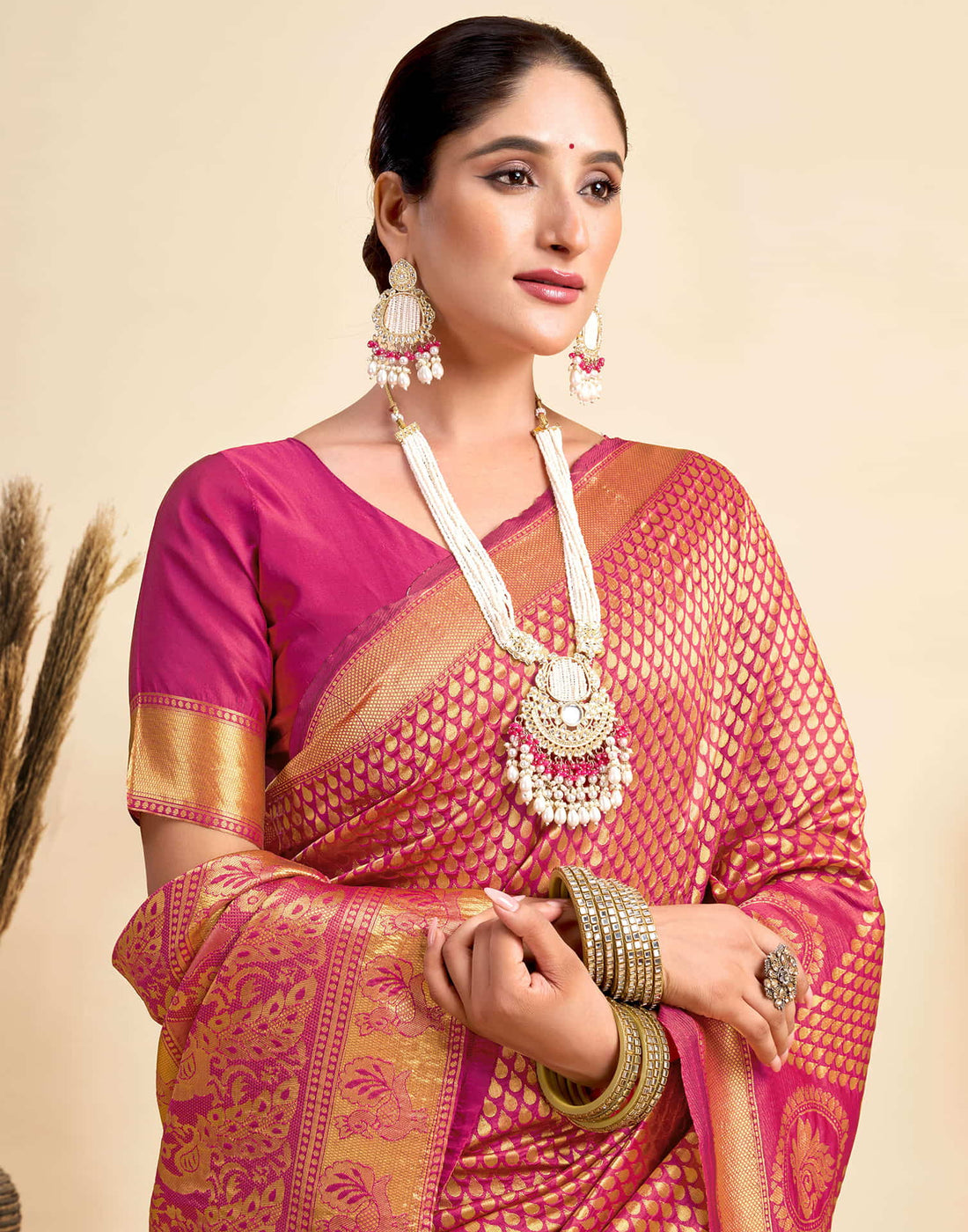 Rani Pink Silk Woven Kanjivaram Saree