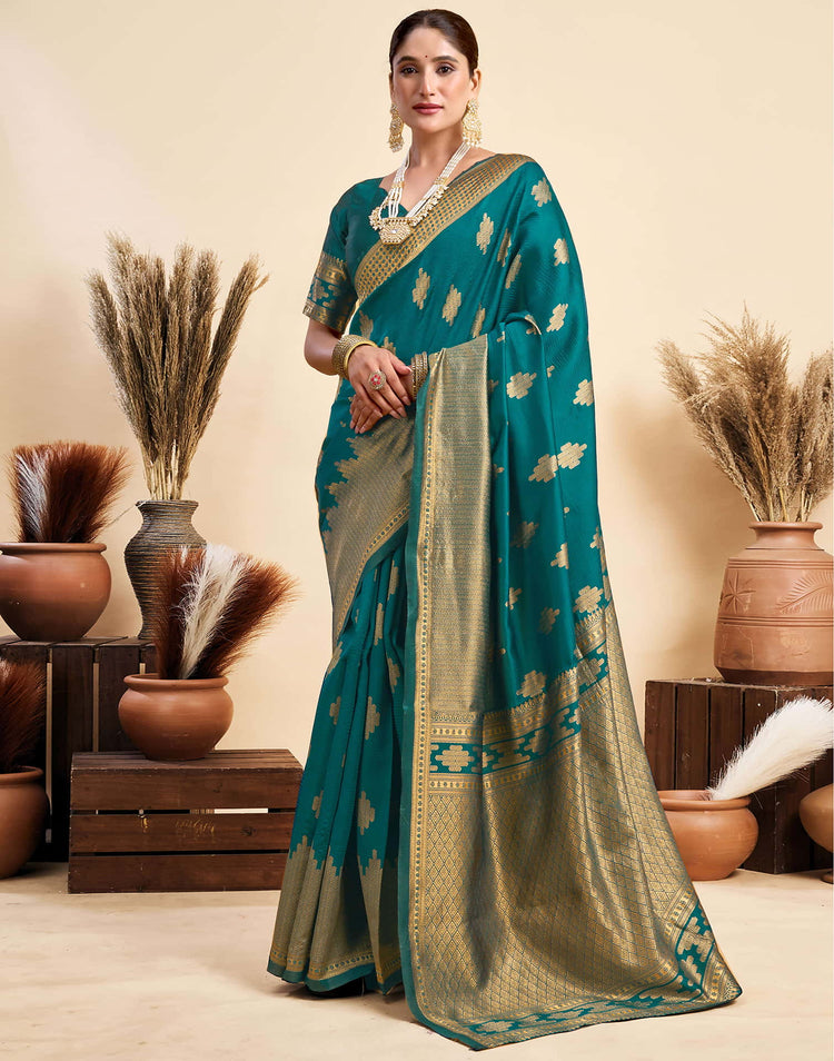Teal Blue Silk Woven Banarasi Saree