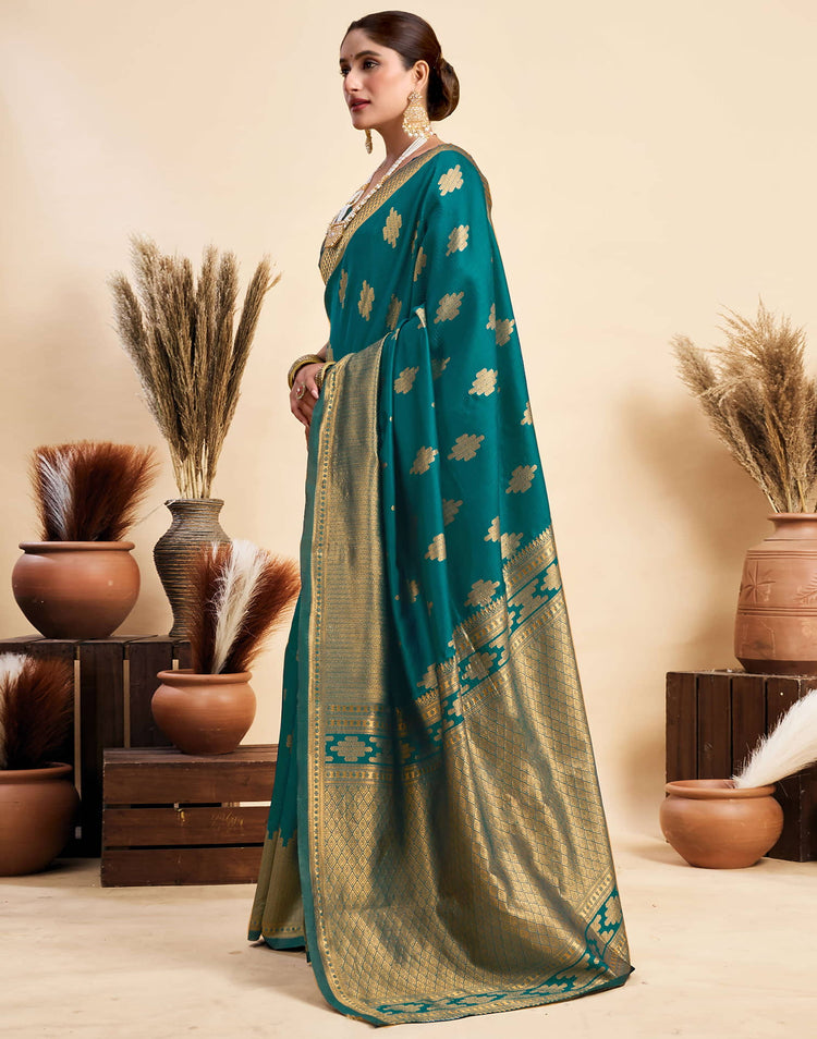 Teal Blue Silk Woven Banarasi Saree