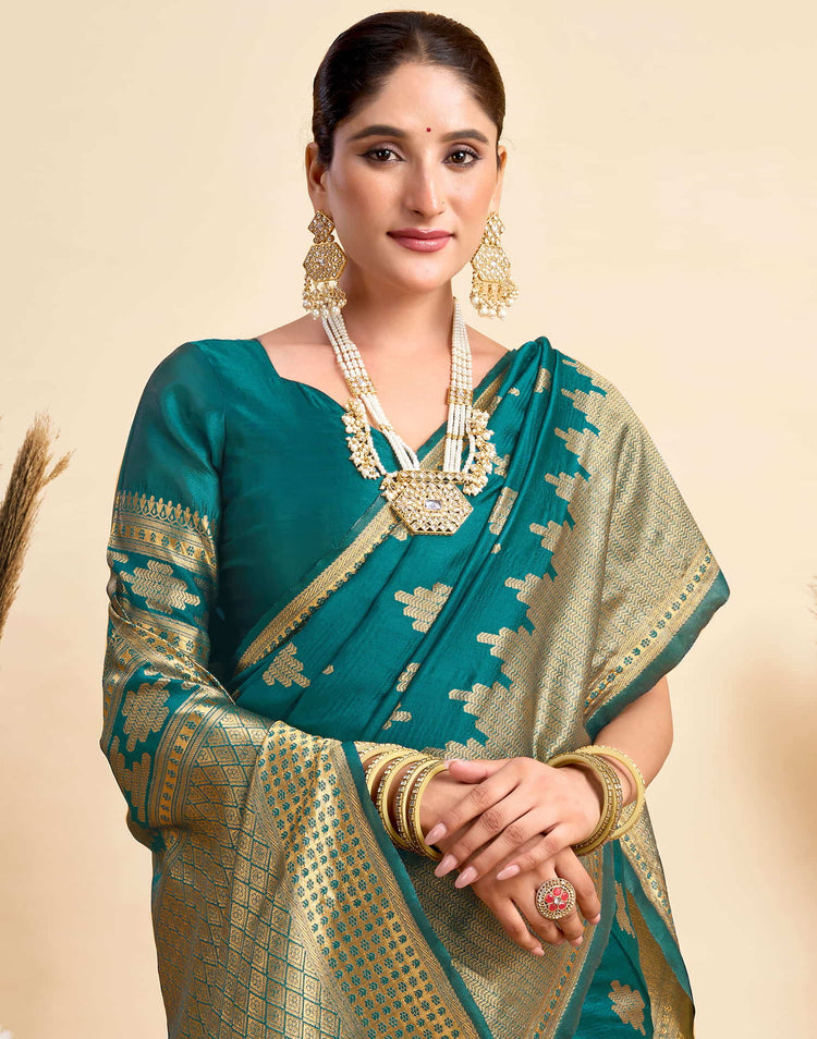 Teal Blue Silk Woven Banarasi Saree