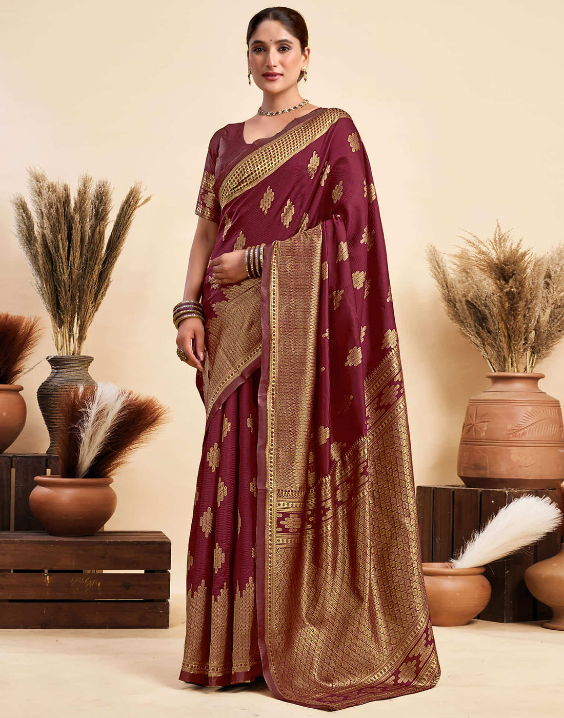 Maroon Silk Woven Saree