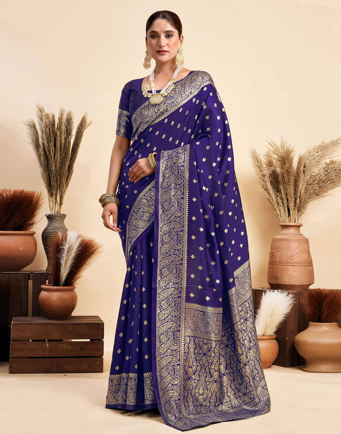 Navy Blue Silk Woven Banarasi Saree