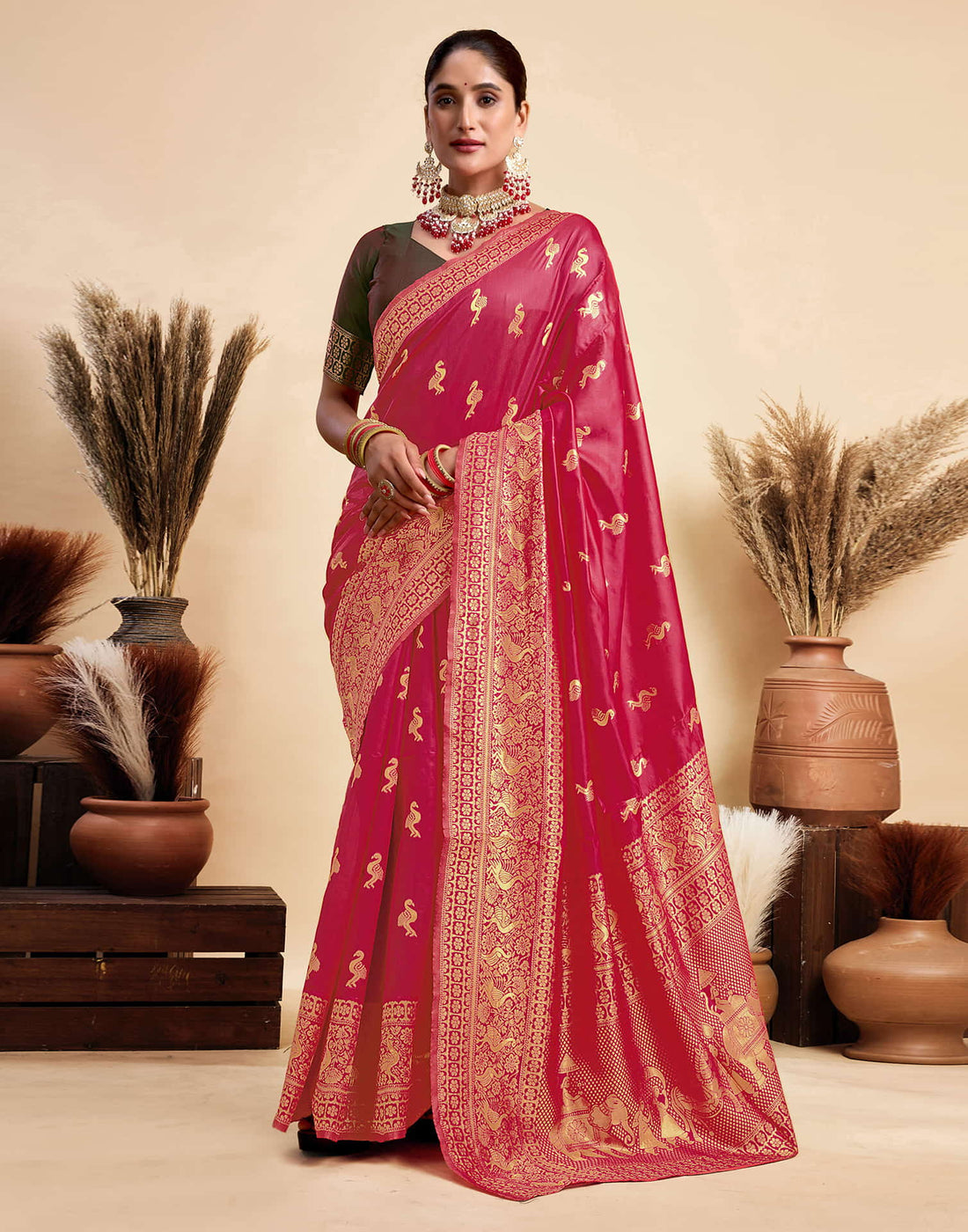 Bright Pink Silk Woven Banarasi Saree