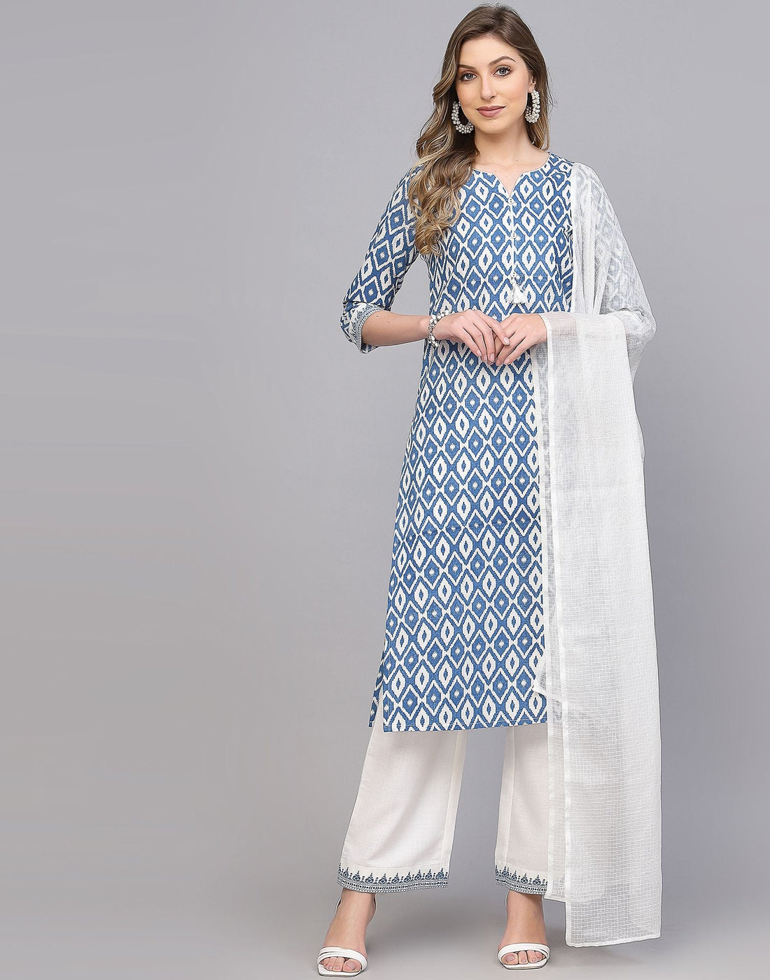 White and Blue Kurti Pant and Dupatta | Leemboodi