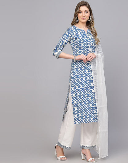 White and Blue Kurti Pant and Dupatta | Leemboodi