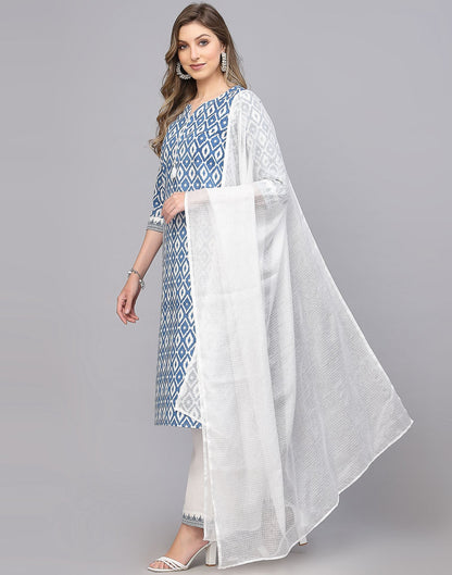 White and Blue Kurti Pant and Dupatta | Leemboodi