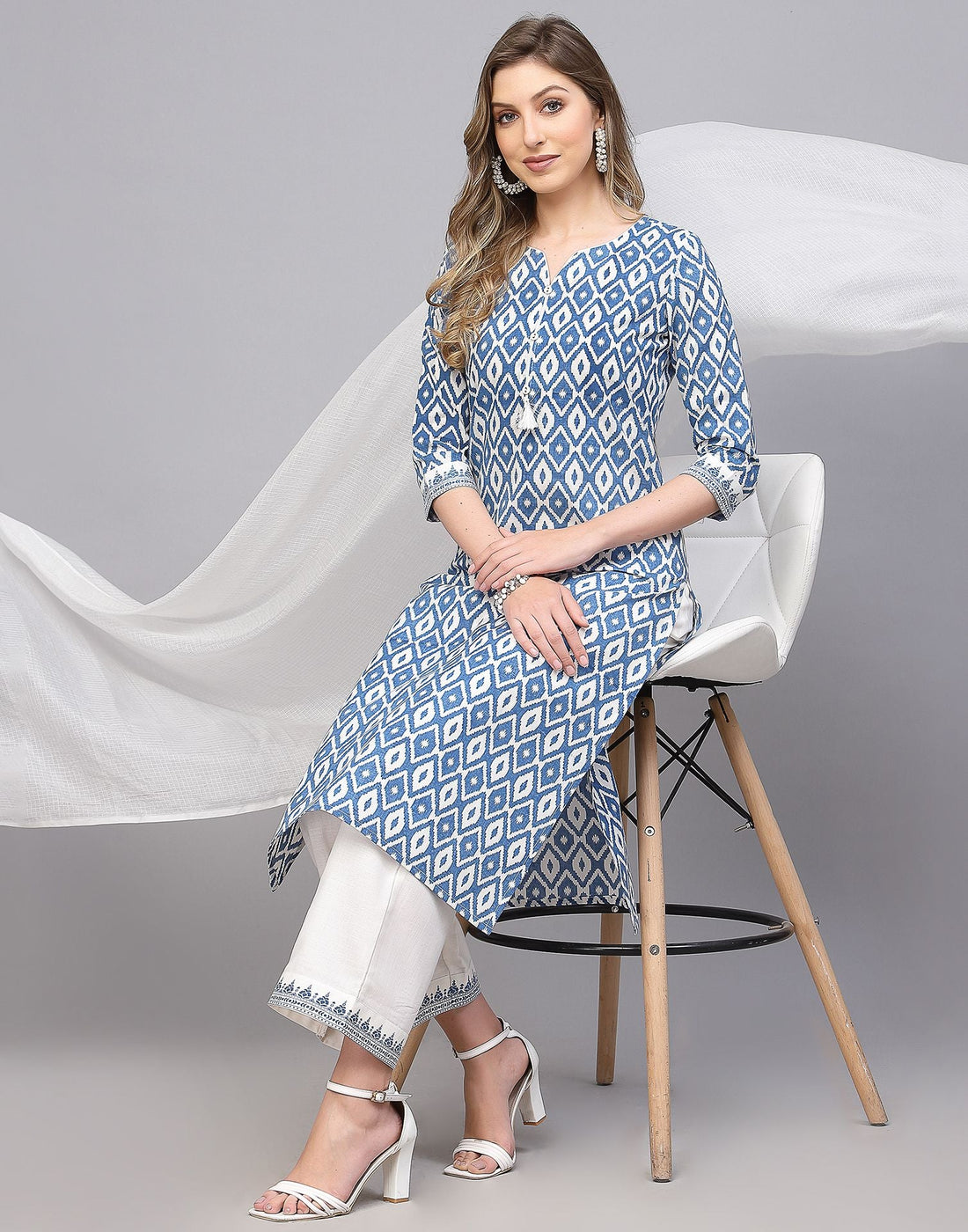 White and Blue Kurti Pant and Dupatta | Leemboodi