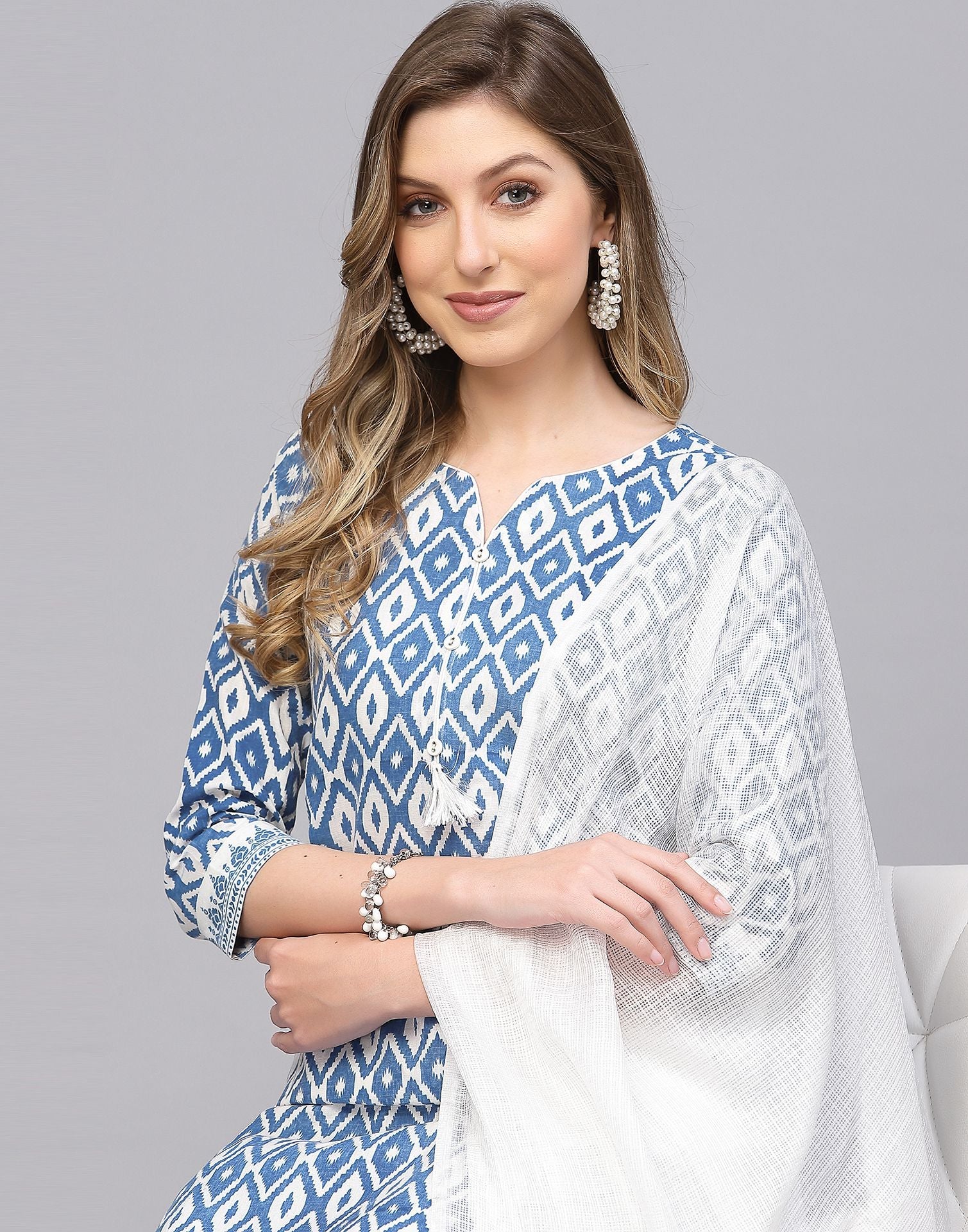 White and Blue Kurti Pant and Dupatta | Leemboodi