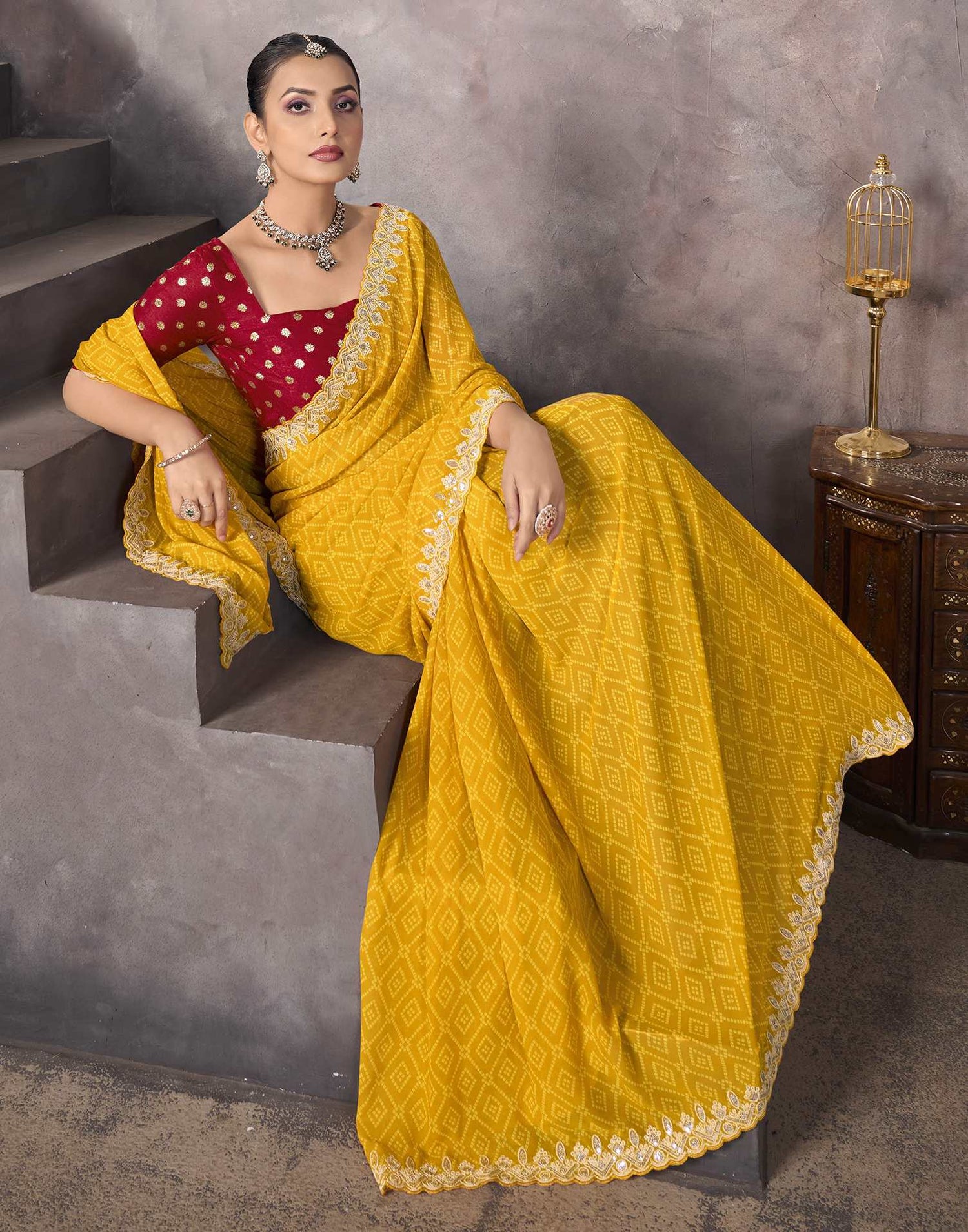 Yellow Georgette Bandhani Saree
