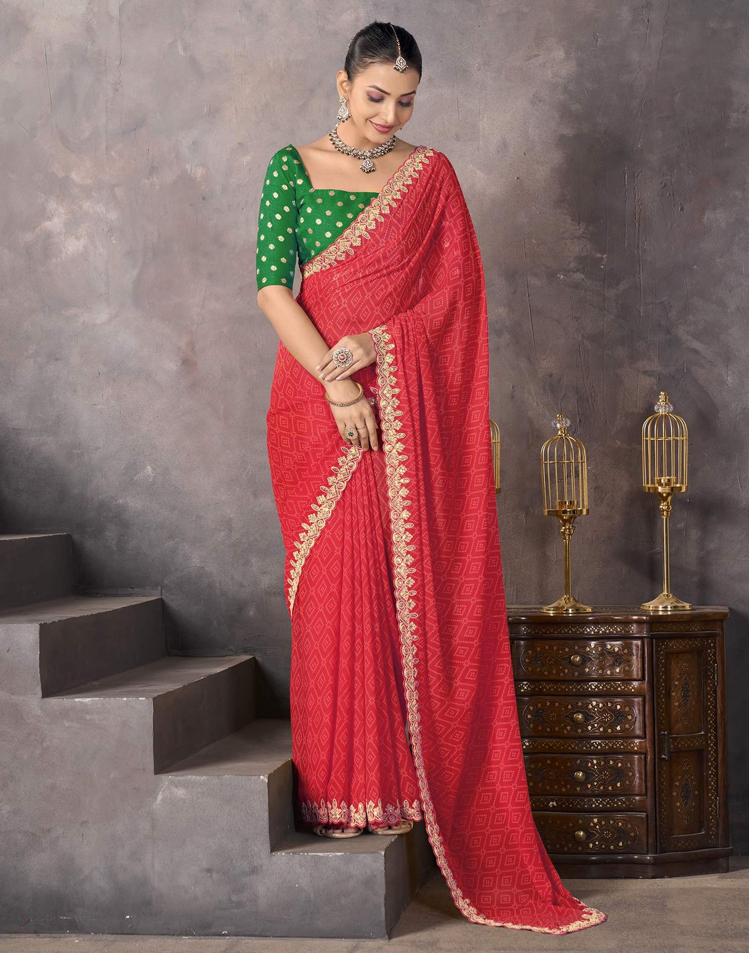 Light Red Georgette Bandhani Saree