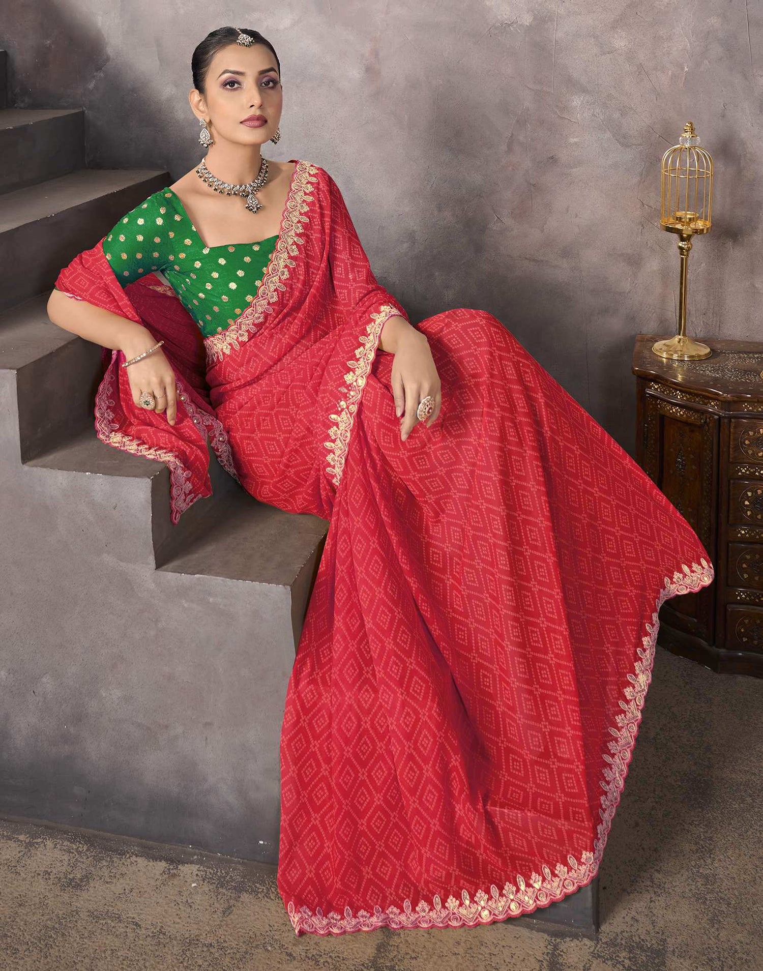 Light Red Georgette Bandhani Saree
