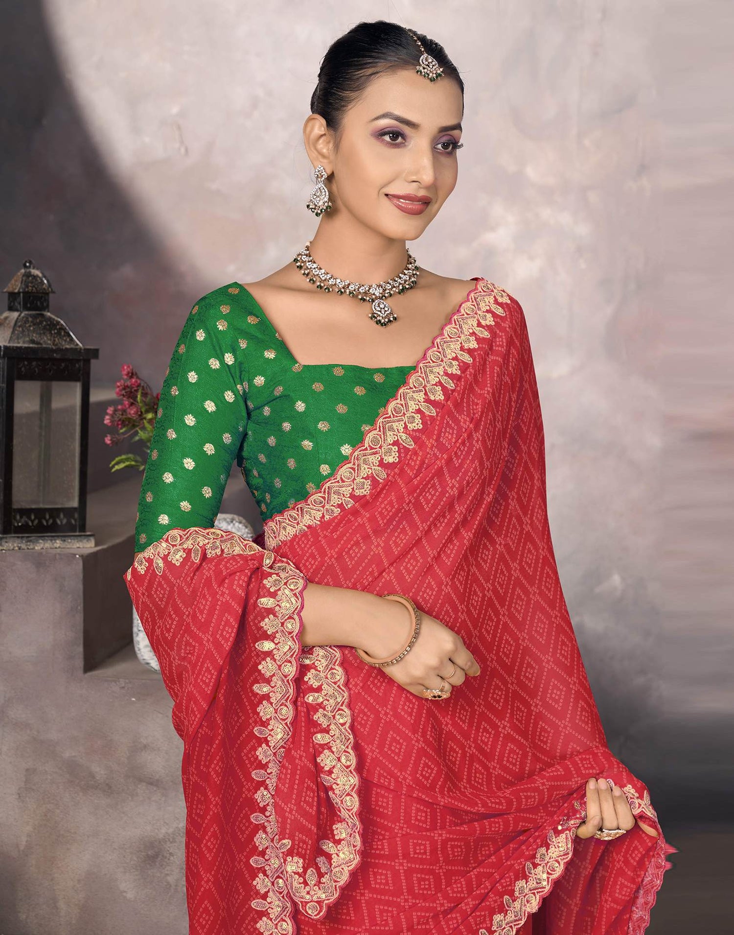 Light Red Georgette Bandhani Saree