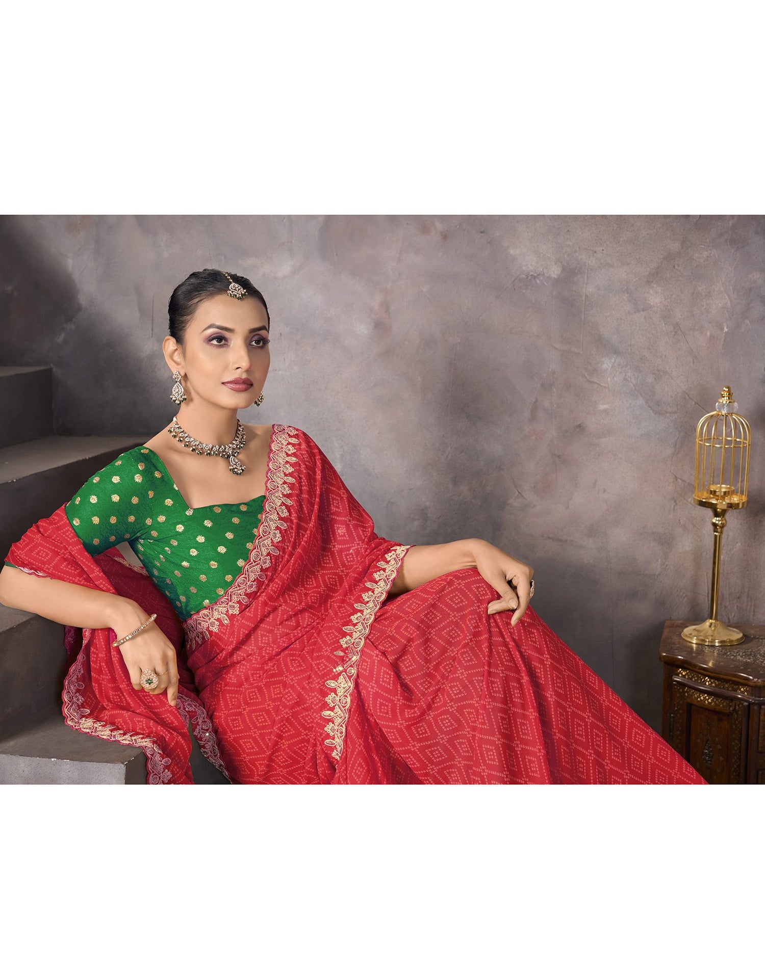Light Red Georgette Bandhani Saree