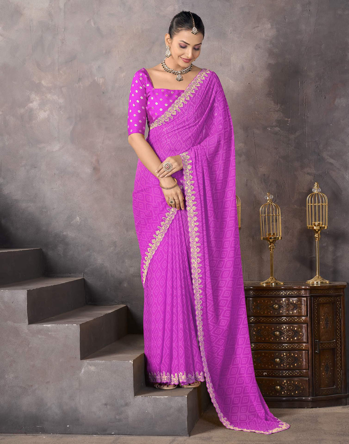 Orchid Pink Georgette Bandhani Saree