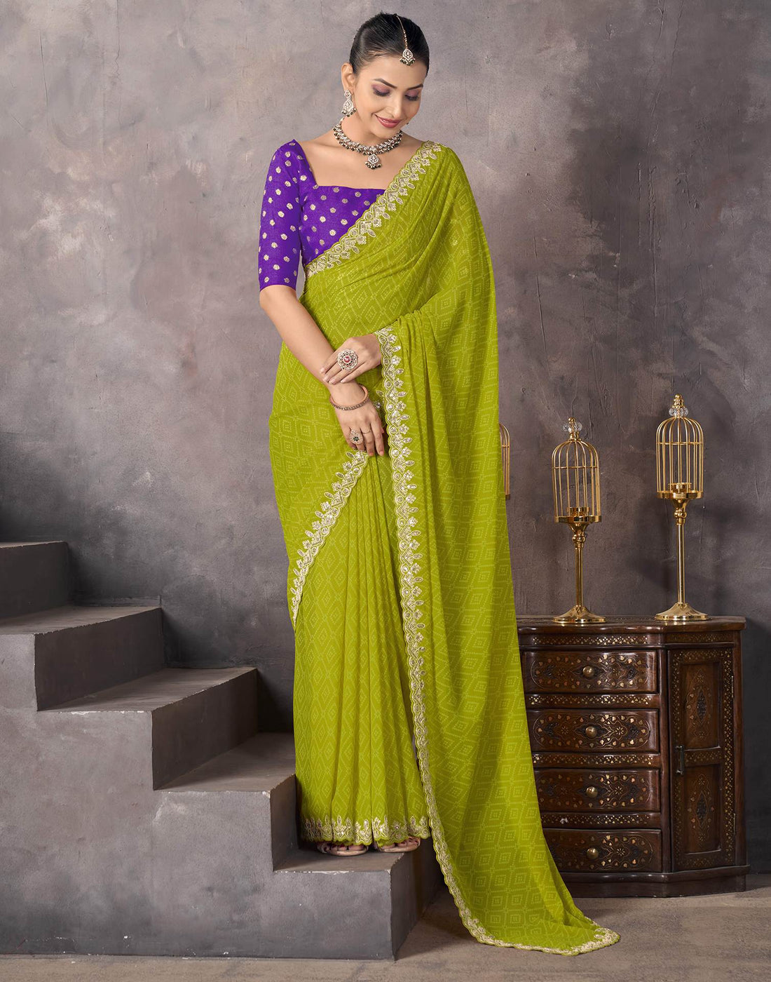 Olive Green Georgette Bandhani Saree