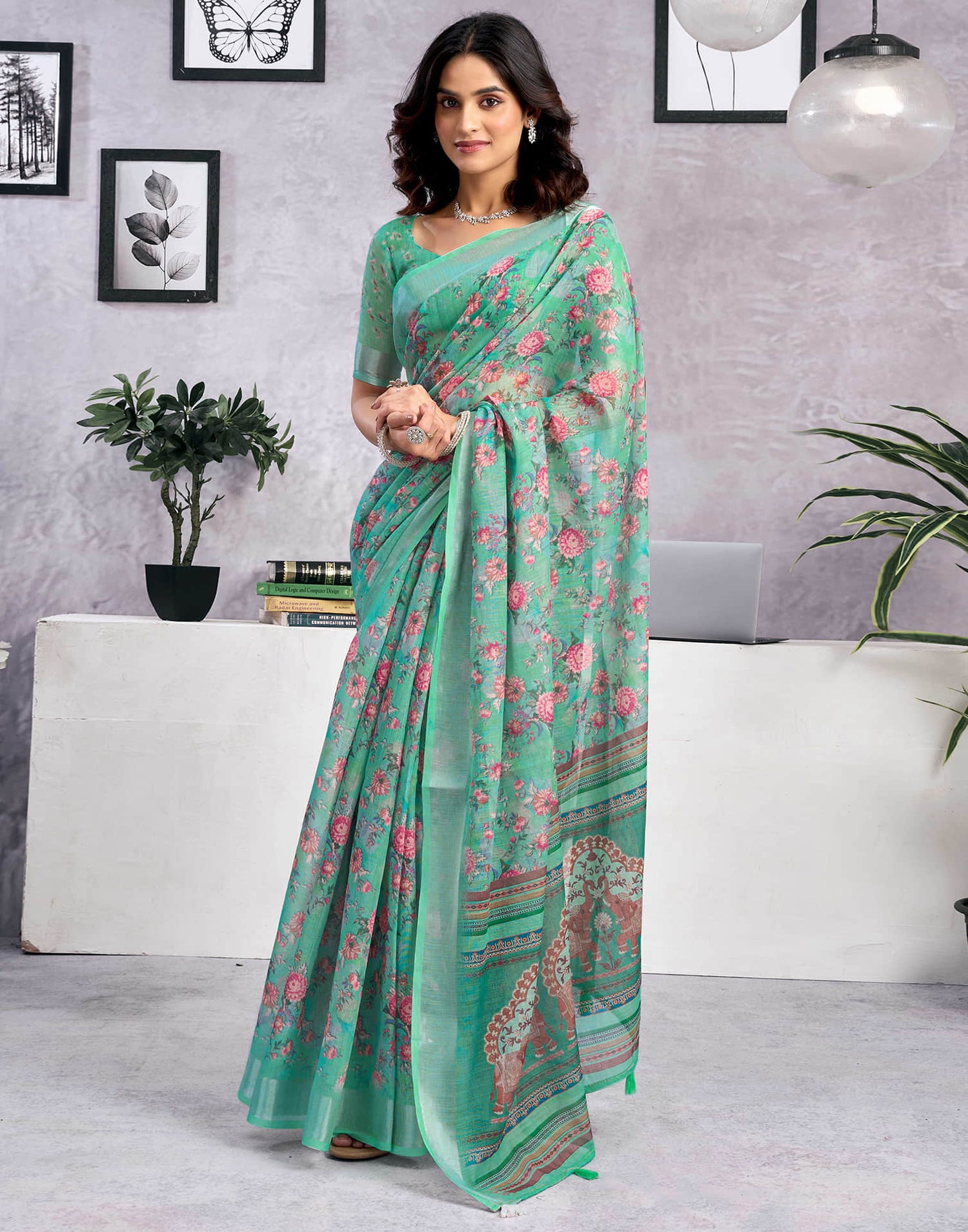 Light Teal Green Linen Floral Printed Saree