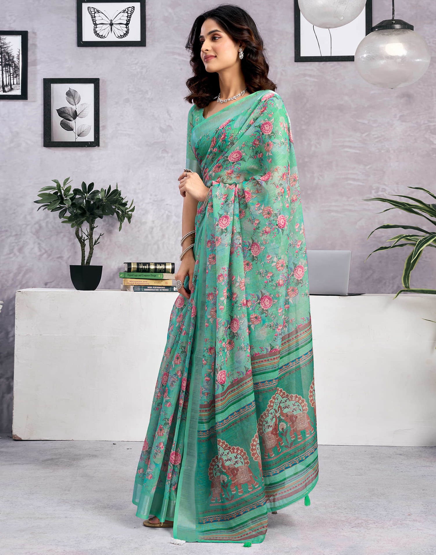 Light Teal Green Linen Floral Printed Saree