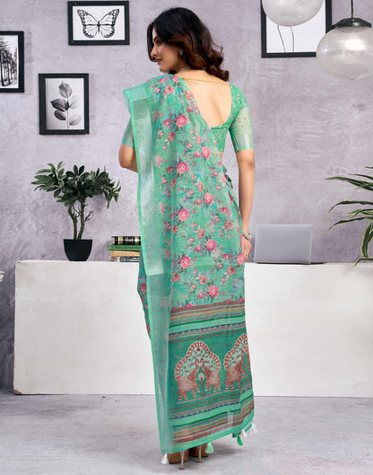 Light Teal Green Linen Floral Printed Saree