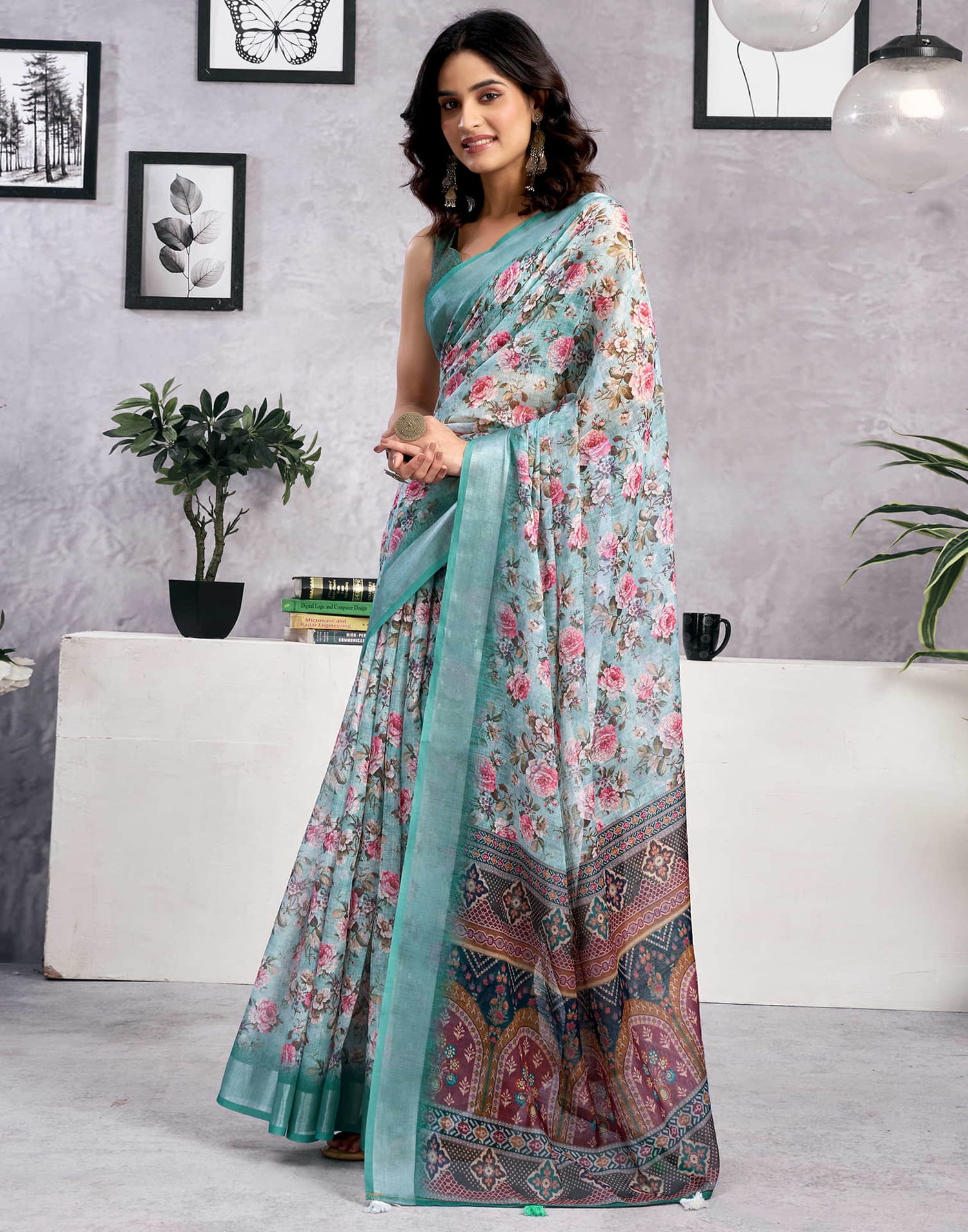 Light Teal Blue Linen Floral Printed Saree