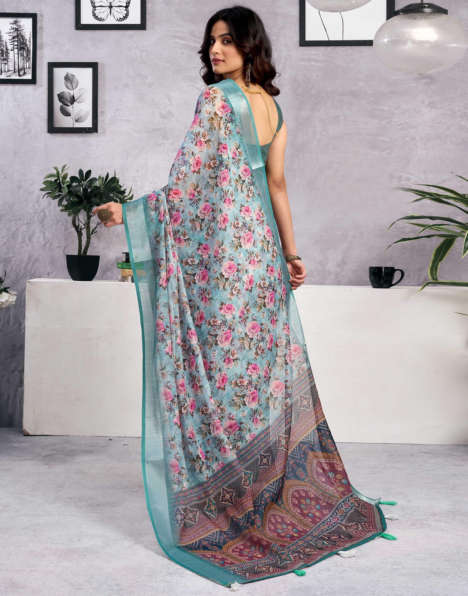 Light Teal Blue Linen Floral Printed Saree