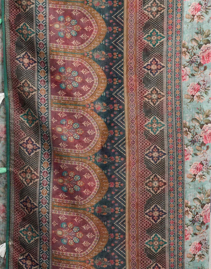 Light Teal Blue Linen Floral Printed Saree