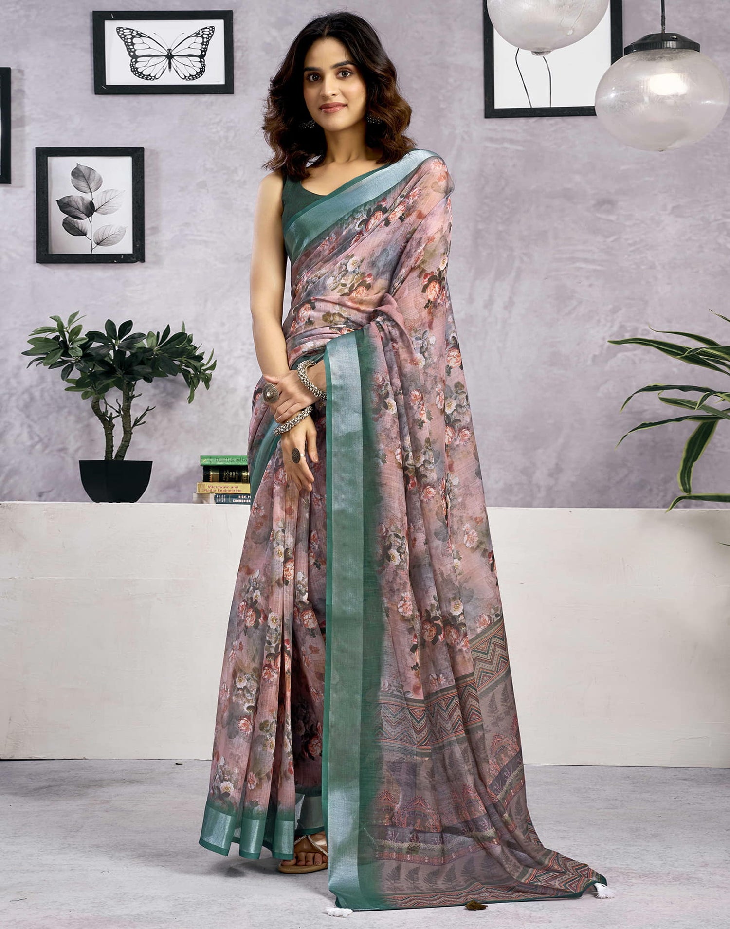 Mauve Linen Floral Printed Saree