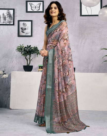 Mauve Linen Floral Printed Saree