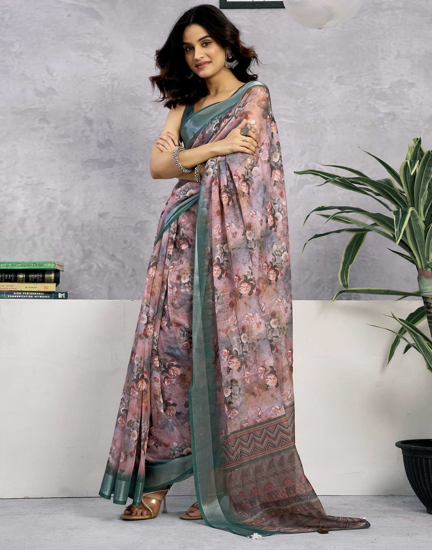 Mauve Linen Floral Printed Saree