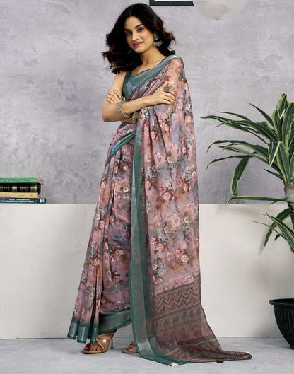 Mauve Linen Floral Printed Saree