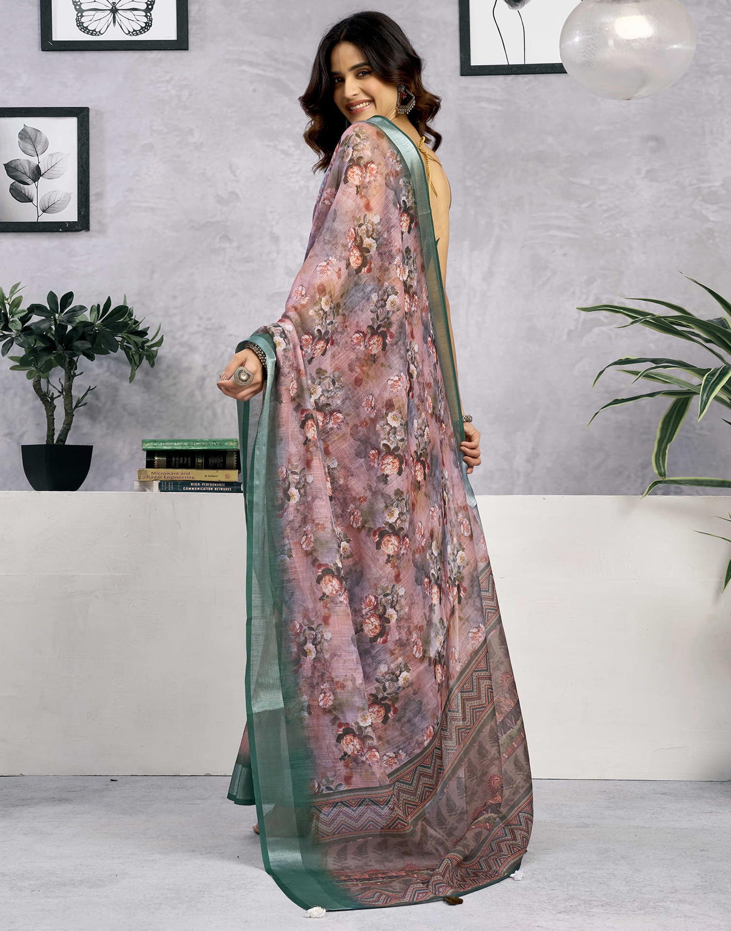 Mauve Linen Floral Printed Saree