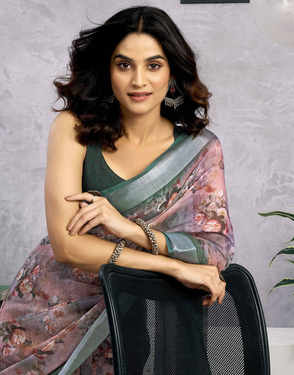 Mauve Linen Floral Printed Saree