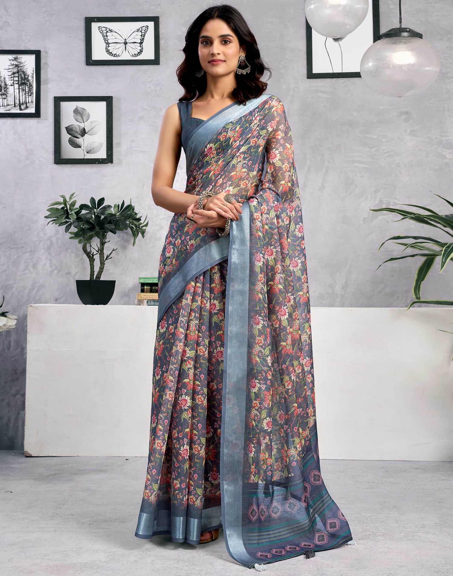 Grey Linen Floral Printed Saree