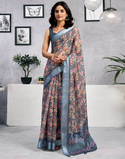 Grey Linen Floral Printed Saree