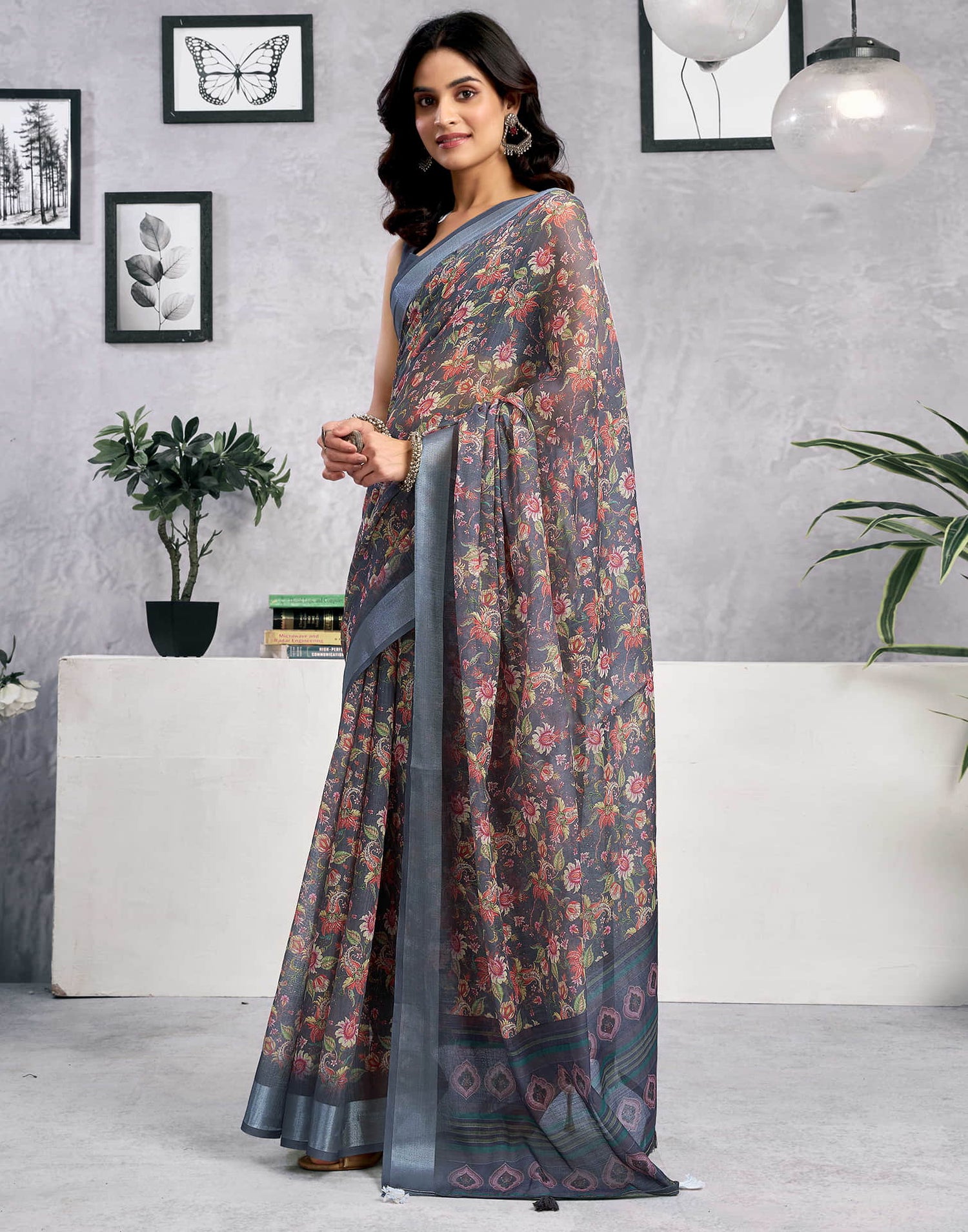 Grey Linen Floral Printed Saree