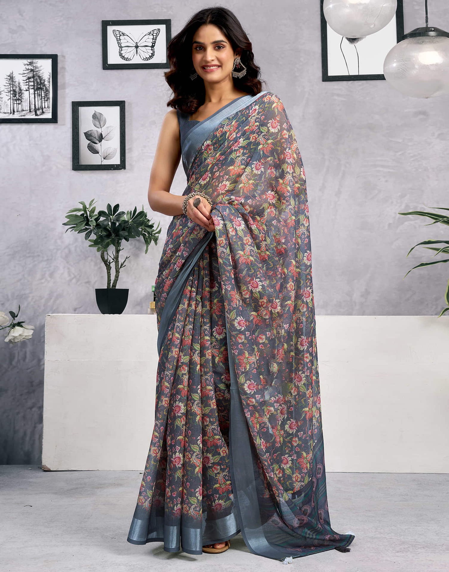 Grey Linen Floral Printed Saree