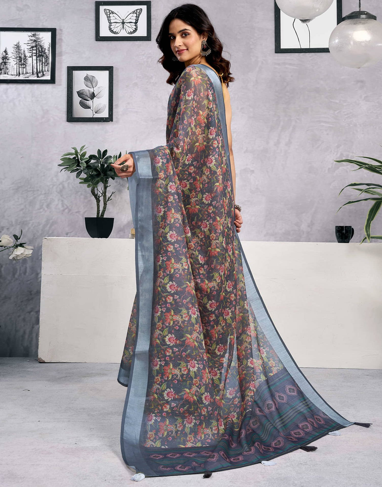 Grey Linen Floral Printed Saree