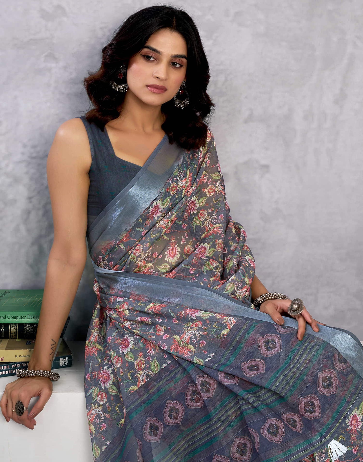 Grey Linen Floral Printed Saree